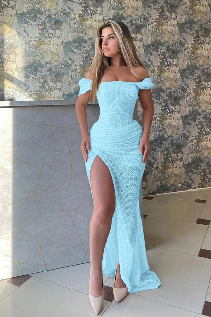 Sleeveless Square Off Shoulder Split Prom Dress With Sequins