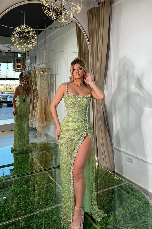 Green Sexy Sleeveless Spaghetti Strap Beads Prom Dress With High Slit