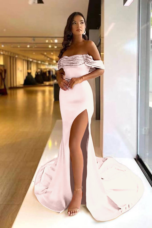 Pink Purple Off-The-Shoulder Mermaid Prom Dress Long Beads With Split