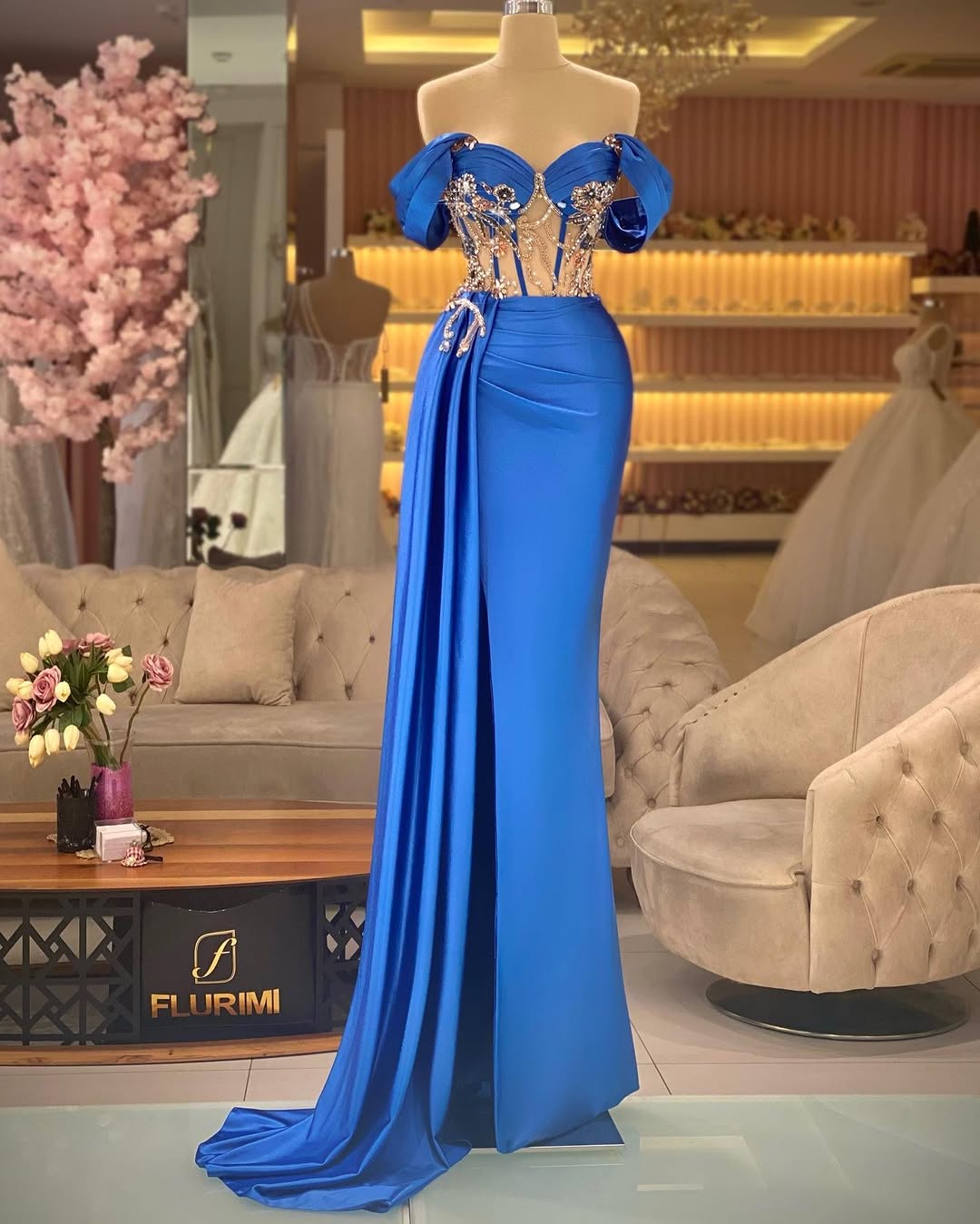 Blue Sleeveless Off-Shoulders Mermaid Beads Prom Dress