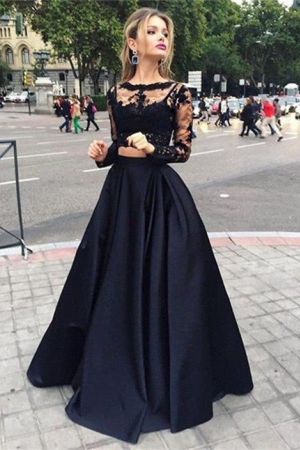 Black Lace Prom Dress Two Pieces Long Sleeves
