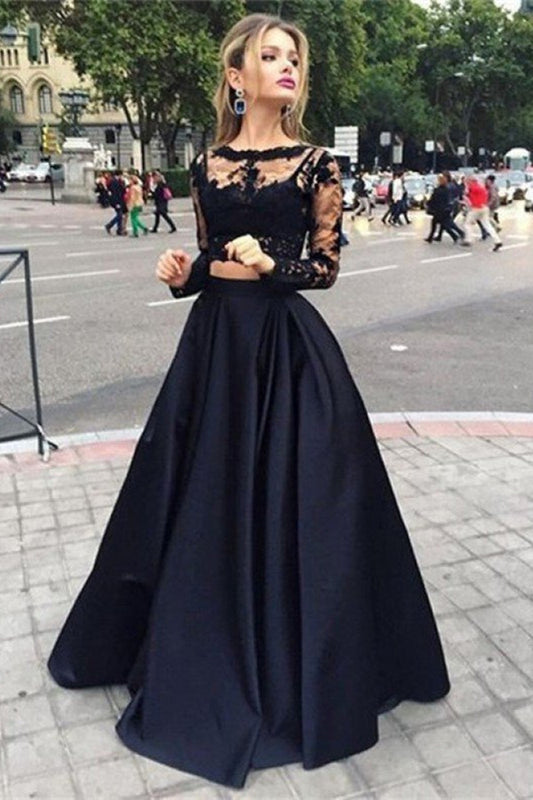 Black Lace Prom Dress Two Pieces Long Sleeves