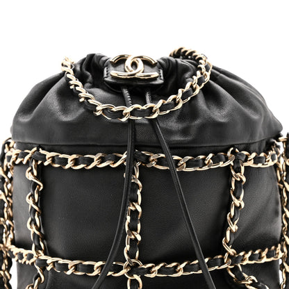 Lambskin Bucket Chain Drawstring Bag Black