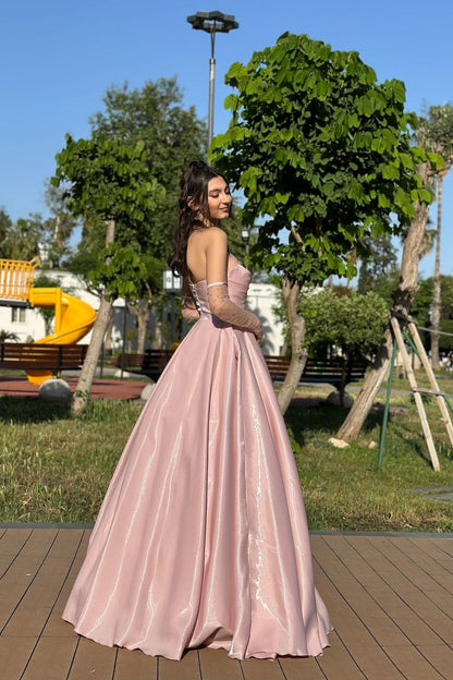 Stunning Pink Strapless Sleeveless Pleated Beadings Prom Dress with Gloves