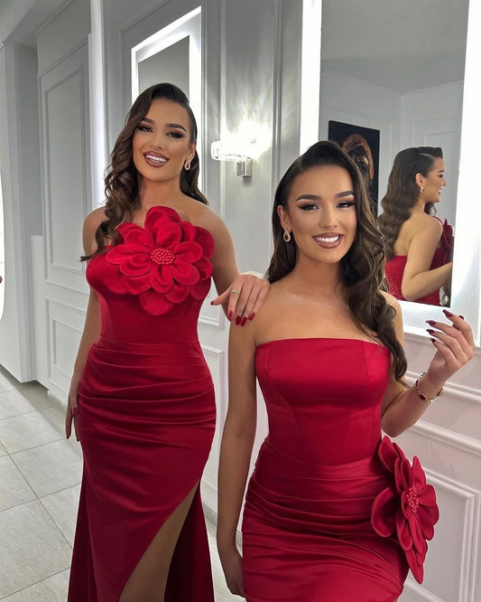 Red Strapless Handmade Flower Pearls Prom Dress With Slit Pleats