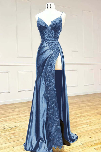 Black V Neck Spaghetti Strap Sleeveless Long Split Prom Dress with Embroidered