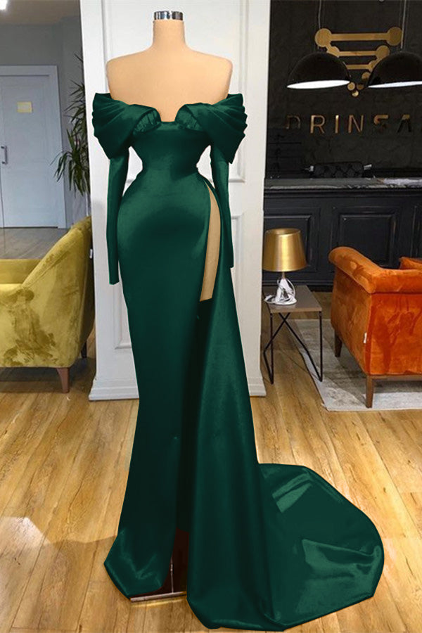 Long Sleeves Red Split Prom Dress Off-The-Shoulder Mermaid