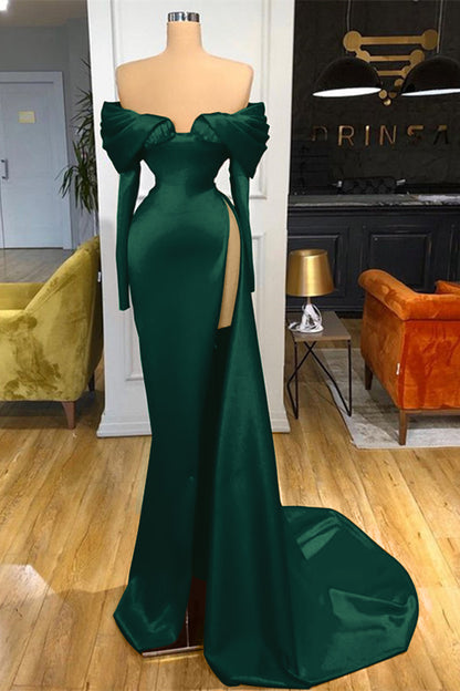 Long Sleeves Red Split Prom Dress Off-The-Shoulder Mermaid