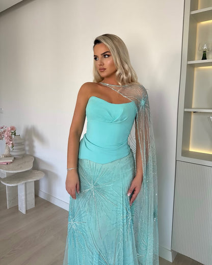 Elegant Mint Green Strapless Sequins Sleeveless Prom Dress with Shawl