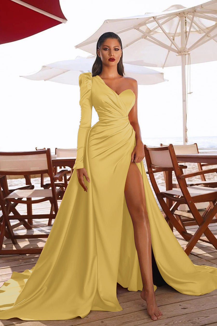Glamorous One Shoulder Long Sleeves Prom Dres With Slit