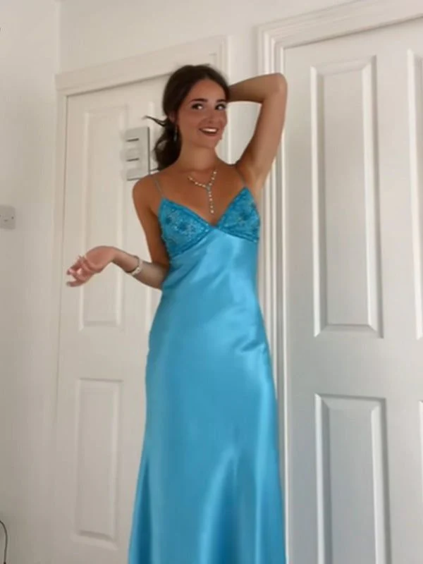 Elegant Blue V Neck Spaghetti Straps Sheath Long Party Dress MD7821