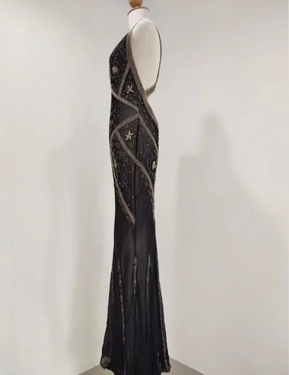 Vintage Black Mermaid V-Neck Backless Beaded Embroidered Chiffon Long Prom Dress Evening Dress P4215