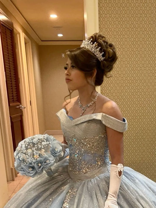 Blue Ball Gown Off the Shoulder Beaded Sequin Sweet 16 Dress Quinceanera Dress SH3293