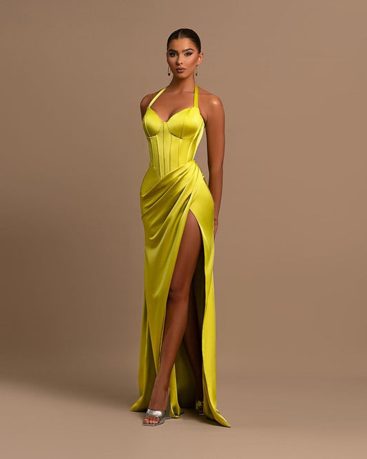 Gorgeous Yellow Halter Sleeveless Slit Prom Dress With Chic Pleats