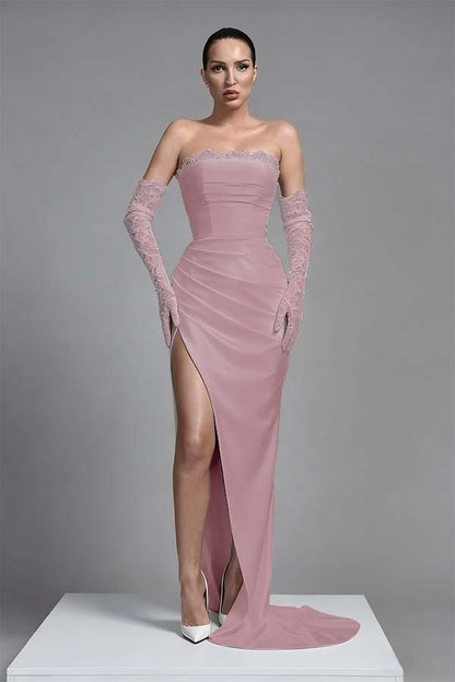 Black Sleeveless Long Split Pleated Evening Dress With Long Gloves