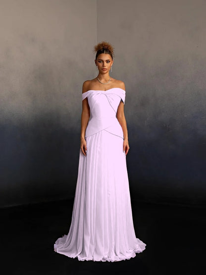 Glamorous Pink Off-The-Shoulder Pleated Long Evening Dress