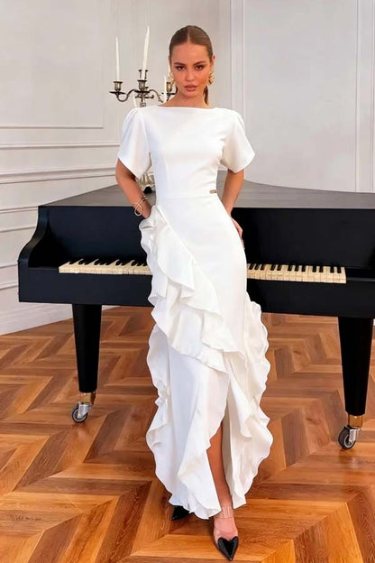 Charming Black Jewel Neck Short Sleeves Ruffles Split Evening Dress
