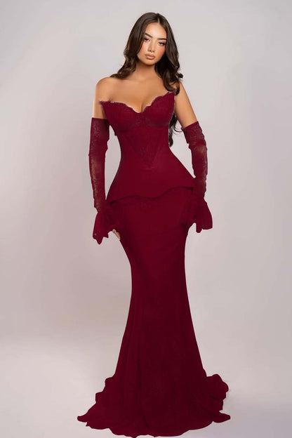 Elegant Pink Sleeveless V-Neck Strapless Lace Mermaid Prom Dress With Appliques
