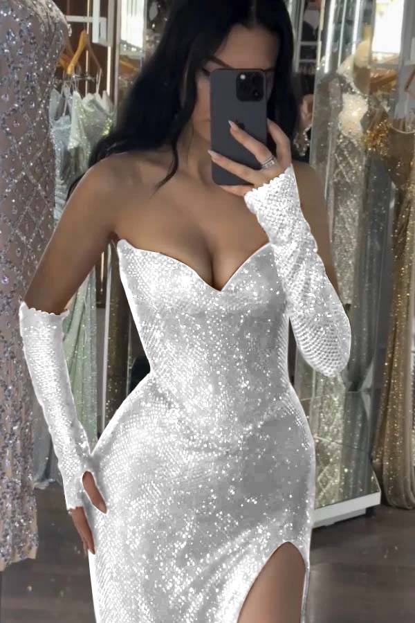 Burgundy Sleeveless Strapless Sequins Mermaid Prom Dress With Gloves