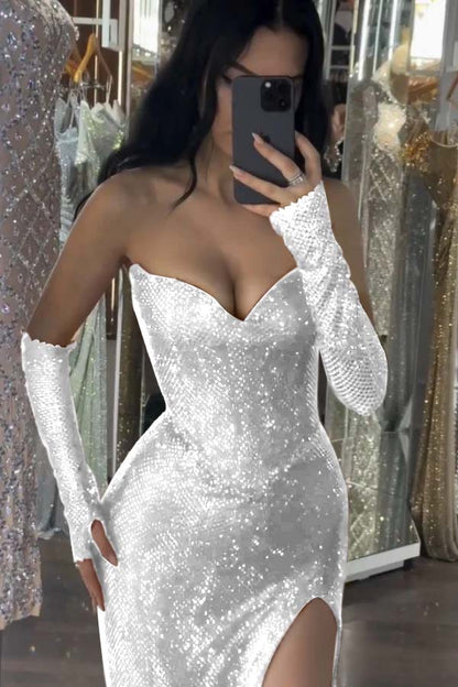Burgundy Sleeveless Strapless Sequins Mermaid Prom Dress With Gloves