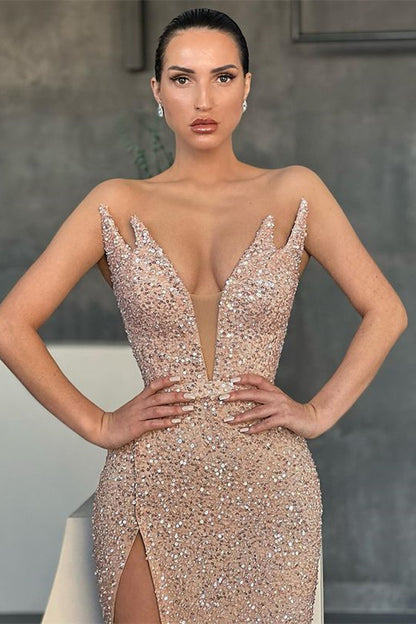 Sleeveless V-Neck Evening Dress Sequins Mermaid With Slit