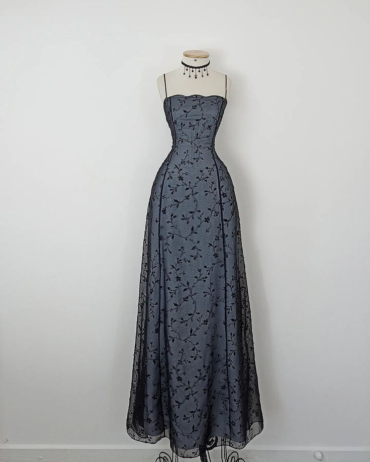 Dusty Blue Spaghetti Straps A-Line Vintage Long Evening Party Dresses, D1236