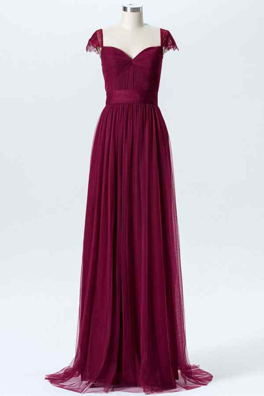Mulberry A-line Sweetheart Tulle Pleated Lace Cap Sleeves Long Bridesmaid Dress