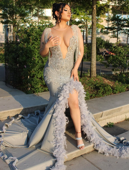 Gorgeous Mermaid Deep V Neck Beaded Feather Long Sweep Prom Dress Evening Dress SH2193