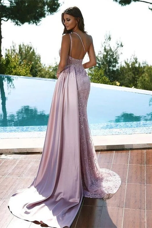 Shining Pink One Shoulder Long Mermaid  Prom Dress With Beads Split