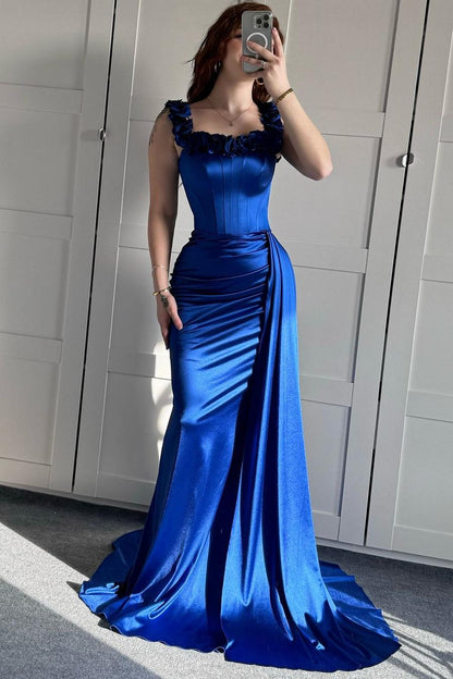 Stunning Royal Blue Satin Off the Shoulder Sleeveless Long Prom Dress with Pleated