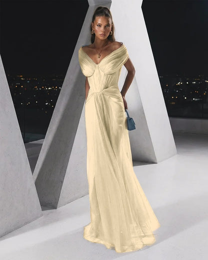 Flowing Dusty Blue Off-The-Shoulder Pleated Long Tulle Evening Dress