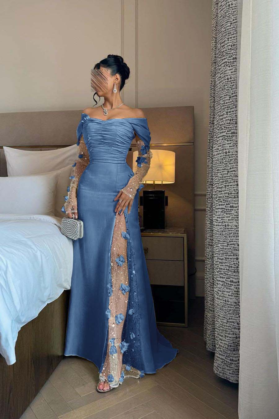 Chic Daffodil Satin Long Sleeves Off the Shoulder Pleated Prom Dress with Sequins