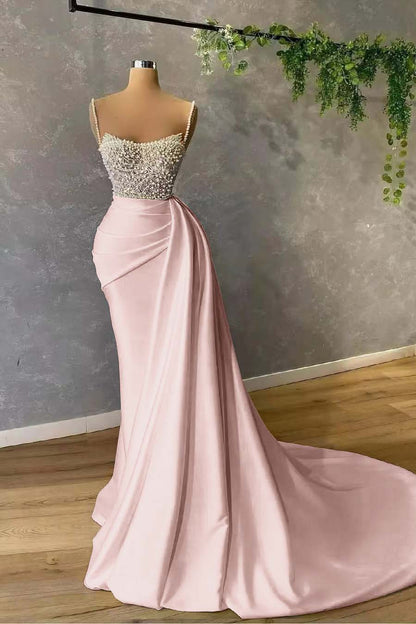 Gorgeous Spaghetti-Straps Pearl Mermaid Evening Dress With Sequins Pleated