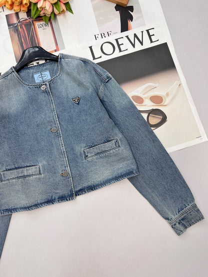 Prada 2025 Three-button Triangle Logo Denim Cropped Jacket Blue Cotton