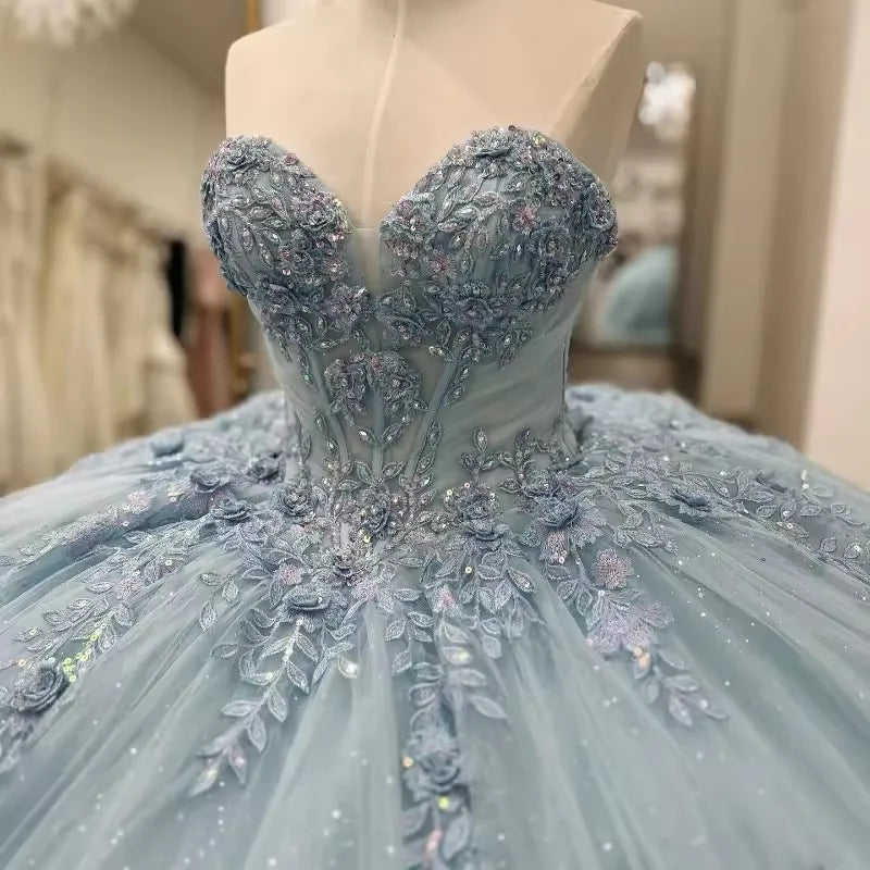 Sparkly Light Blue Quinceanera Dress Cape Flower Lace Vestidos de 15 Anos Birthday Party Princess Ball Gown   fg7914