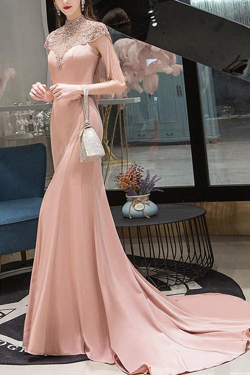 Pink Mermaid High Collar Evening Dress Tassel With Beadings On Sale
