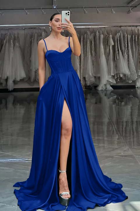 Red Spaghetti Straps A-Line Long Prom Dress With Pleated
