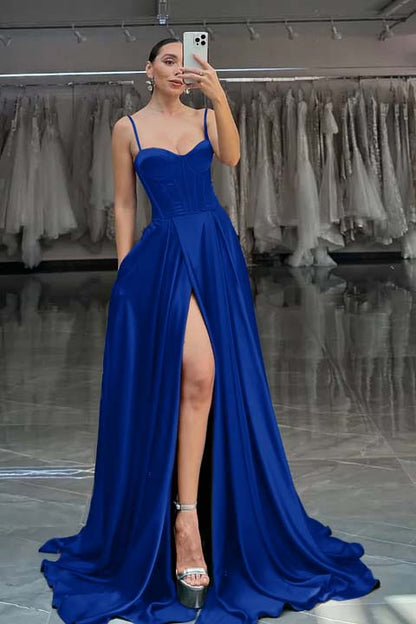 Red Spaghetti Straps A-Line Long Prom Dress With Pleated