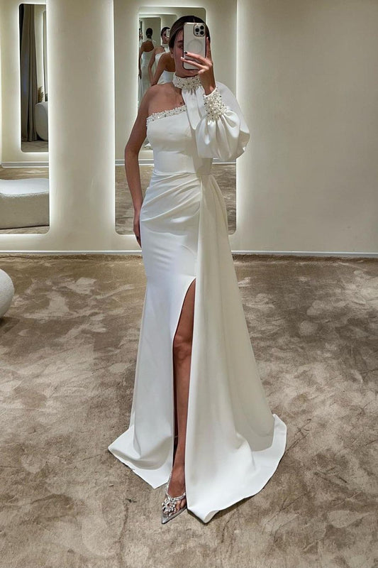 Chic White Satin Long Sleeves High Neck One Shoulder Long Split Prom Dress with Beadings