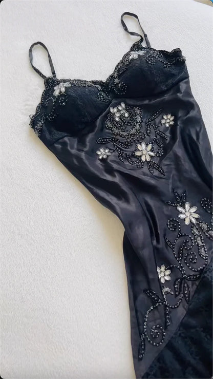 Gorgeous A Line Spaghetti Strap Beaded Black Lace Satin Short Homecoming Dress SH2300