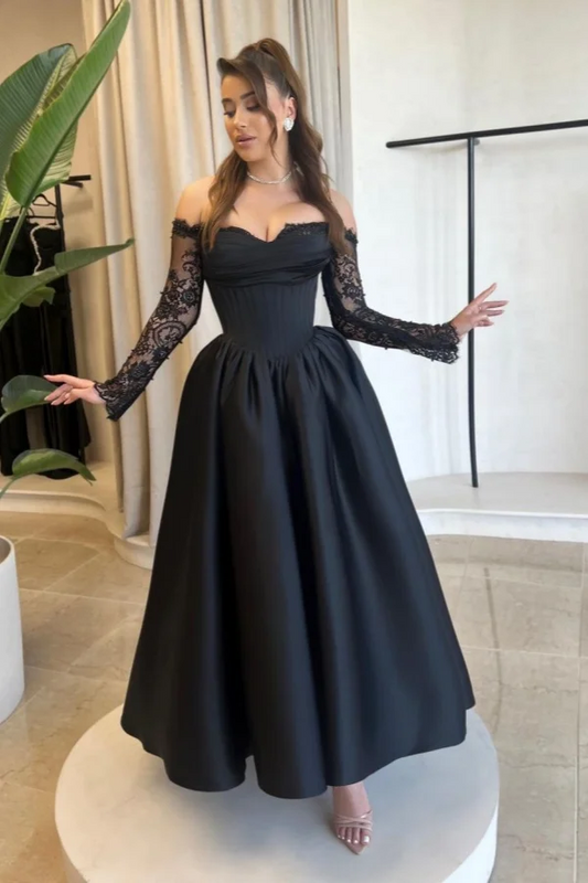 Black Lace Sleeves Strapless Prom Dress