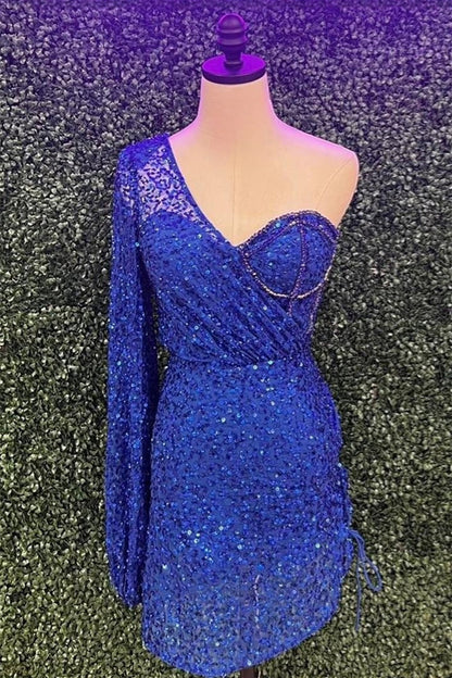 Royal Blue One Shoulder Long Sleeve Sequins Sheath Homecoming Dress