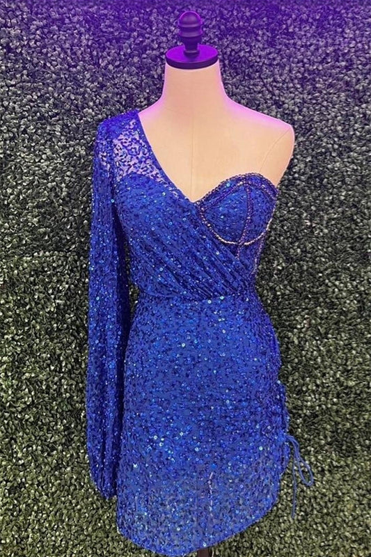 Royal Blue One Shoulder Long Sleeve Sequins Sheath Homecoming Dress