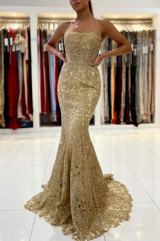 Gold Appliques Long Halter Straps Mermaid Evening Dress
