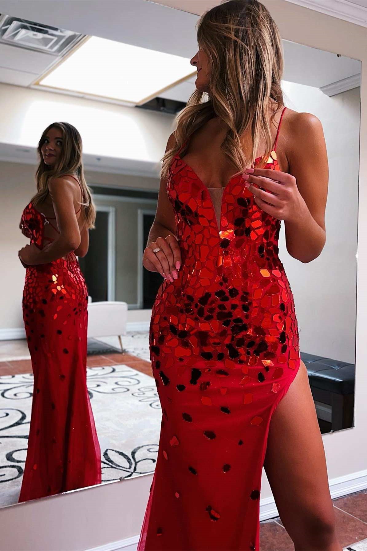 Red Sequin Mermaid Spaghetti-Strap Evening Dress With Slit Tulle Online