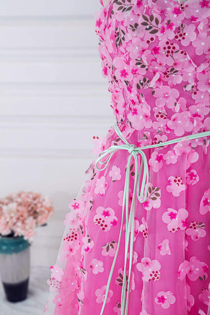 Pink 3D Floral A-line Cap Sleeves Long Prom Dress with Slit