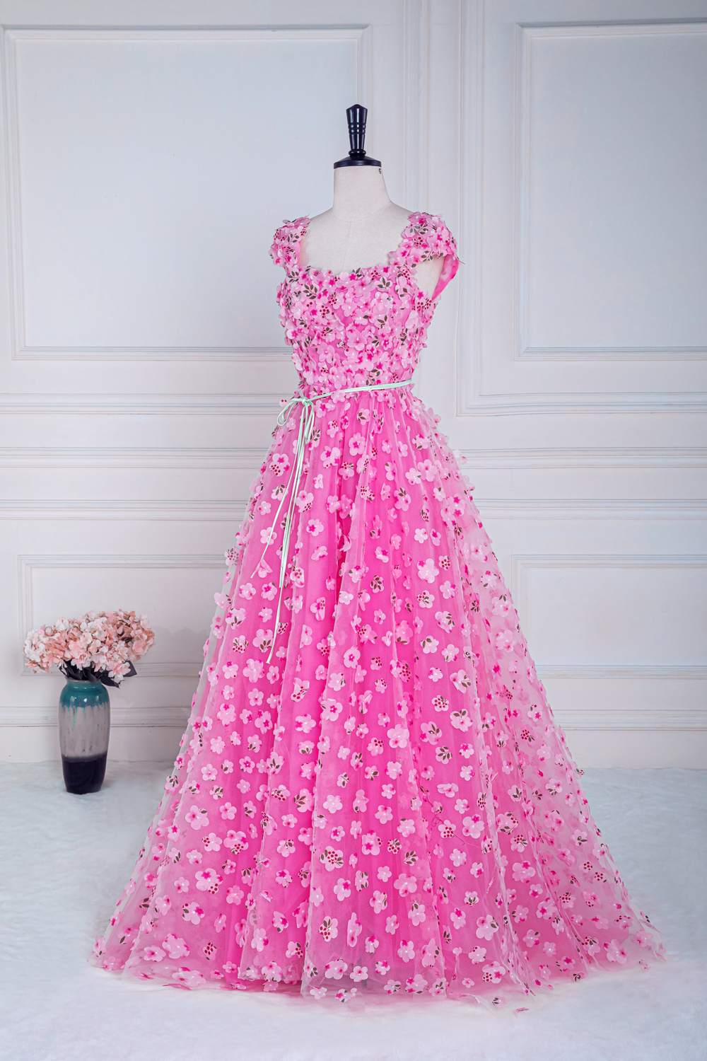 Pink 3D Floral A-line Cap Sleeves Long Prom Dress with Slit