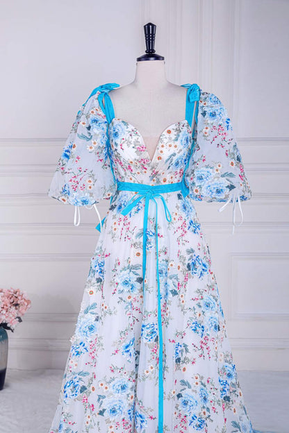 Blue and White Bow Tie Straps Puff Sleeves Long Prom Dress with Slit