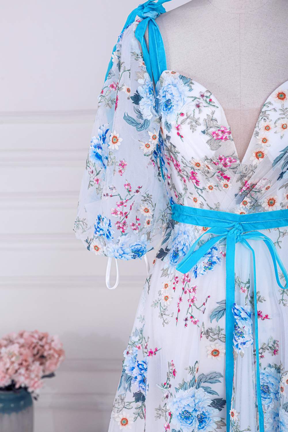 Blue and White Bow Tie Straps Puff Sleeves Long Prom Dress with Slit
