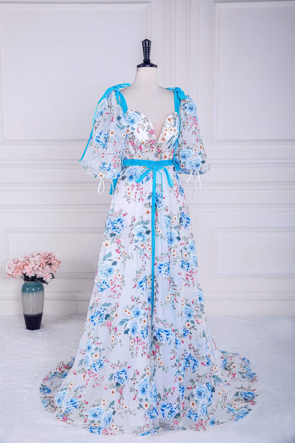Blue and White Bow Tie Straps Puff Sleeves Long Prom Dress with Slit